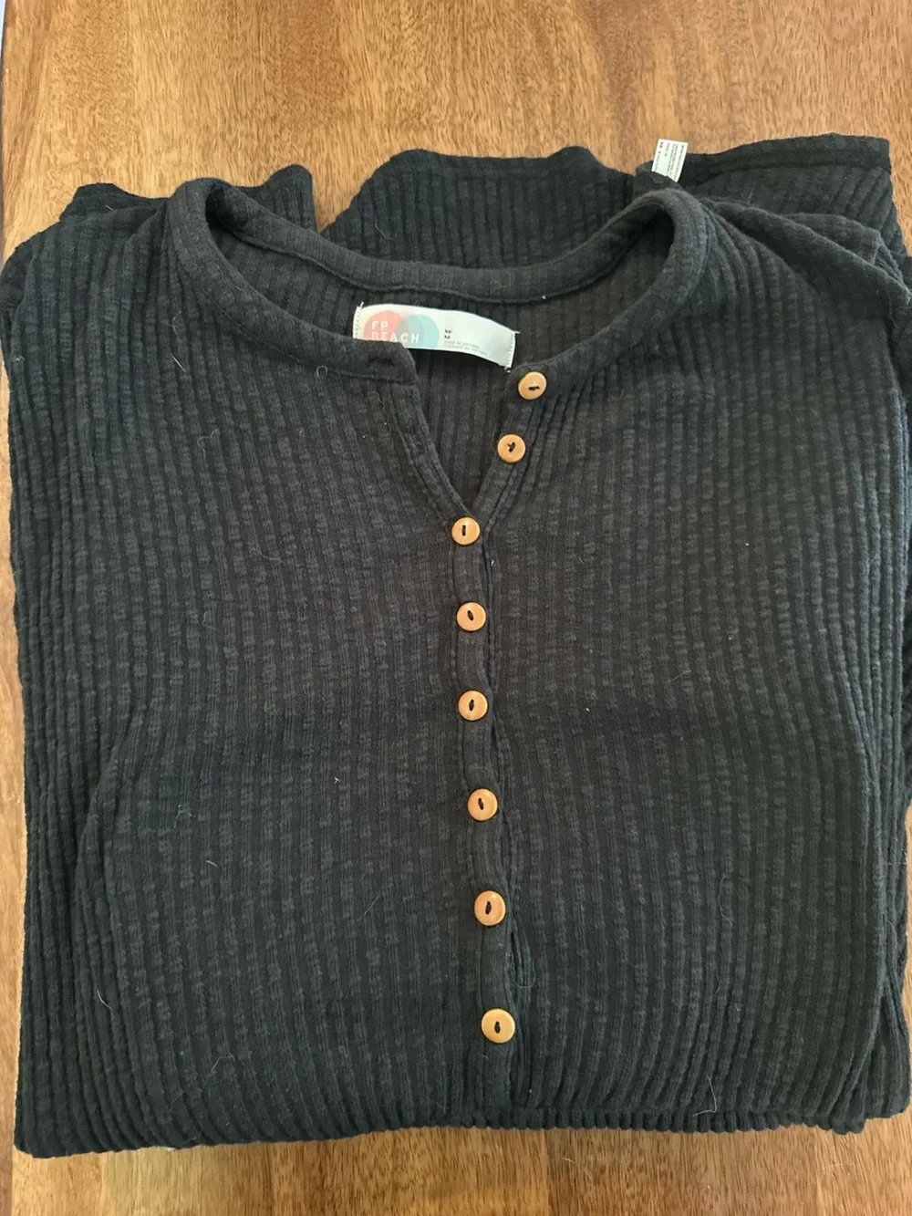 Free People Black Ribbed Henley with Wood Buttons